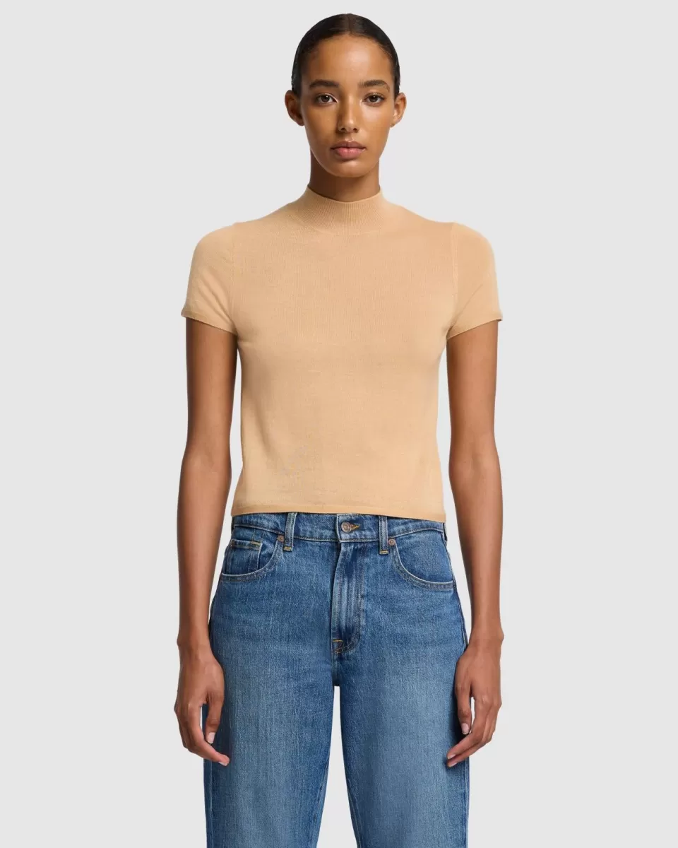 Women 7 For All Mankind Cashmere Mock Neck Short Sleeve Sweater in Porcini