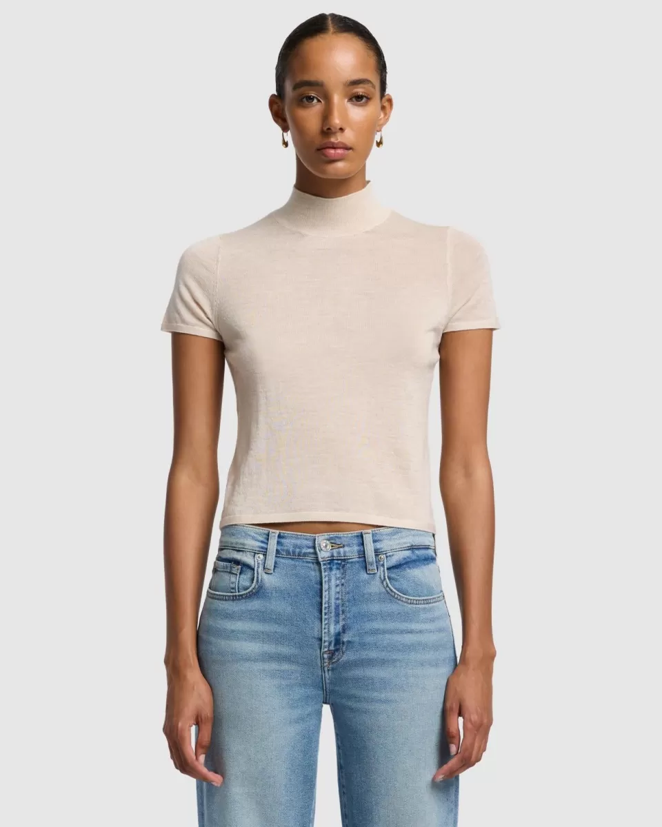 Women 7 For All Mankind Cashmere Mock Neck Short Sleeve Sweater in Porcini