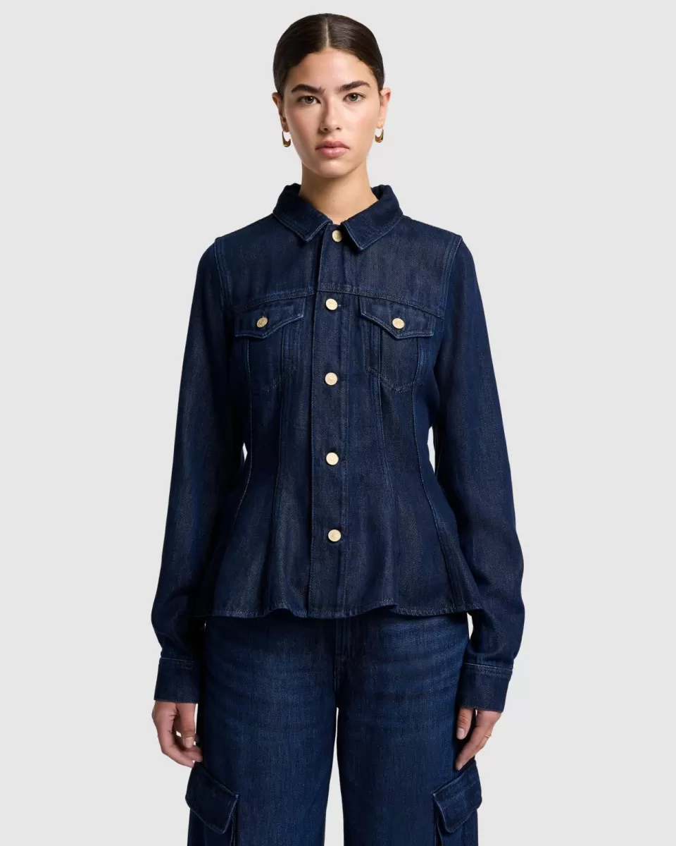 Women 7 For All Mankind Denim Lustre Flounce Trucker Jacket in