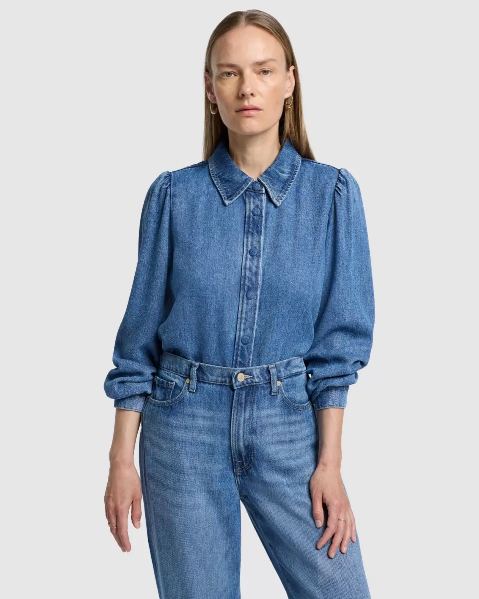 Women 7 For All Mankind Denim Lustre Puff Sleeve Shirt in Dream On