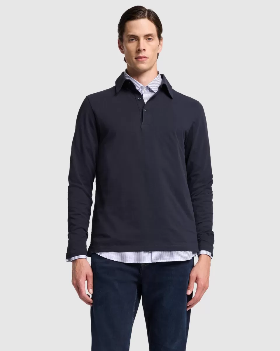 7 For All Mankind Long Sleeve Polo in Navy