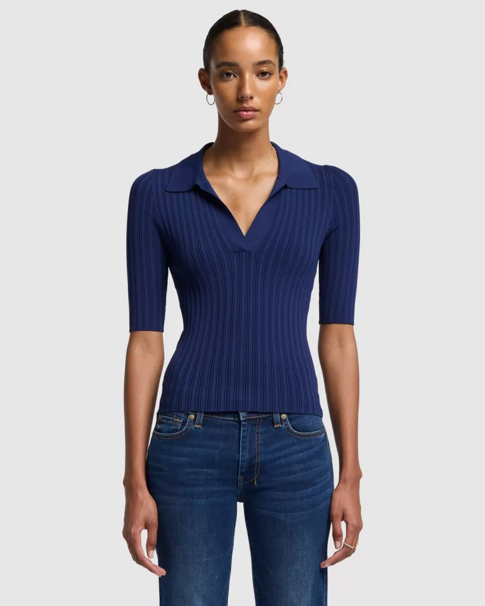 Women 7 For All Mankind Ribbed Henley Sweater in Inkwell