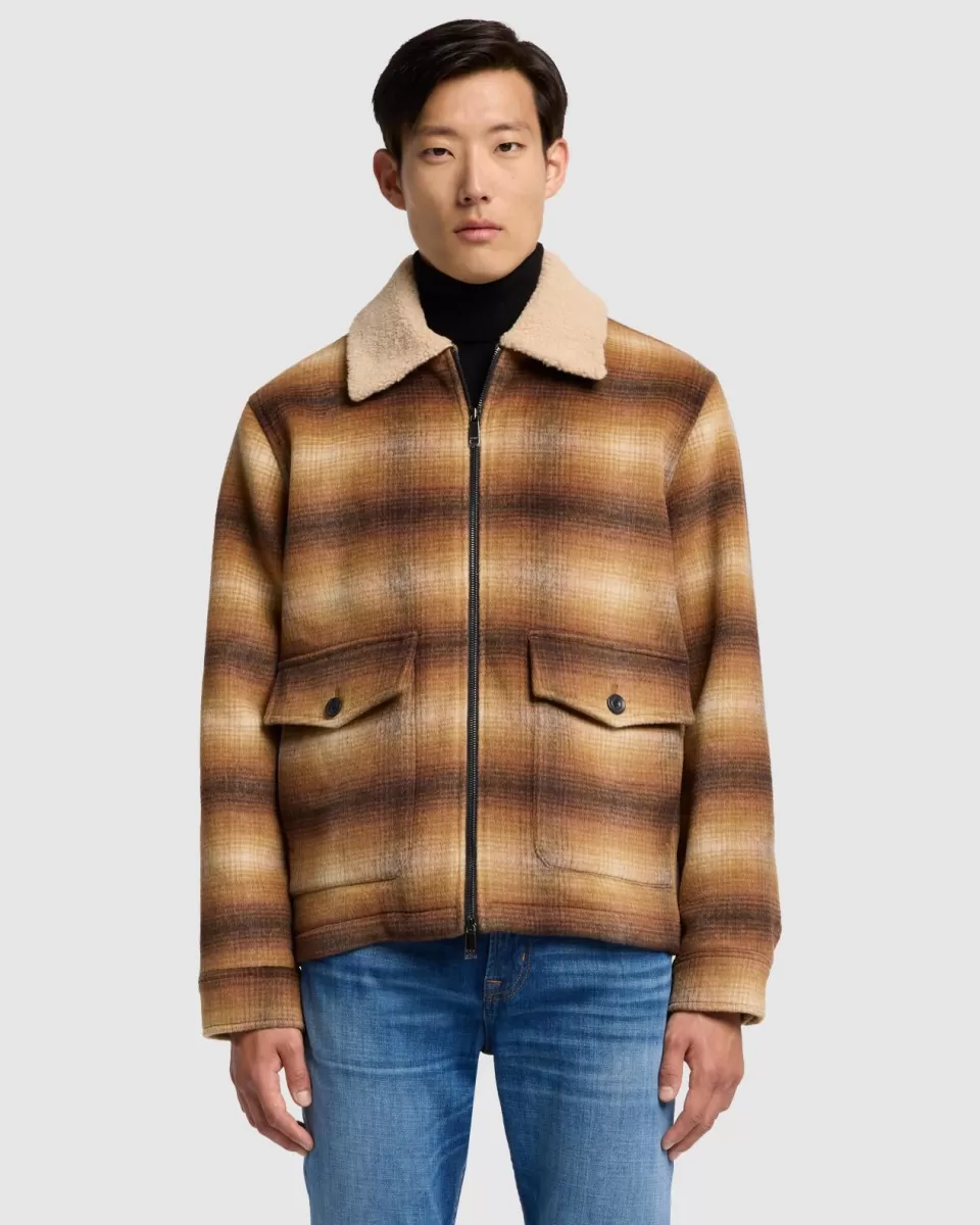 7 For All Mankind Sherpa Wool Coat in Brown Plaid