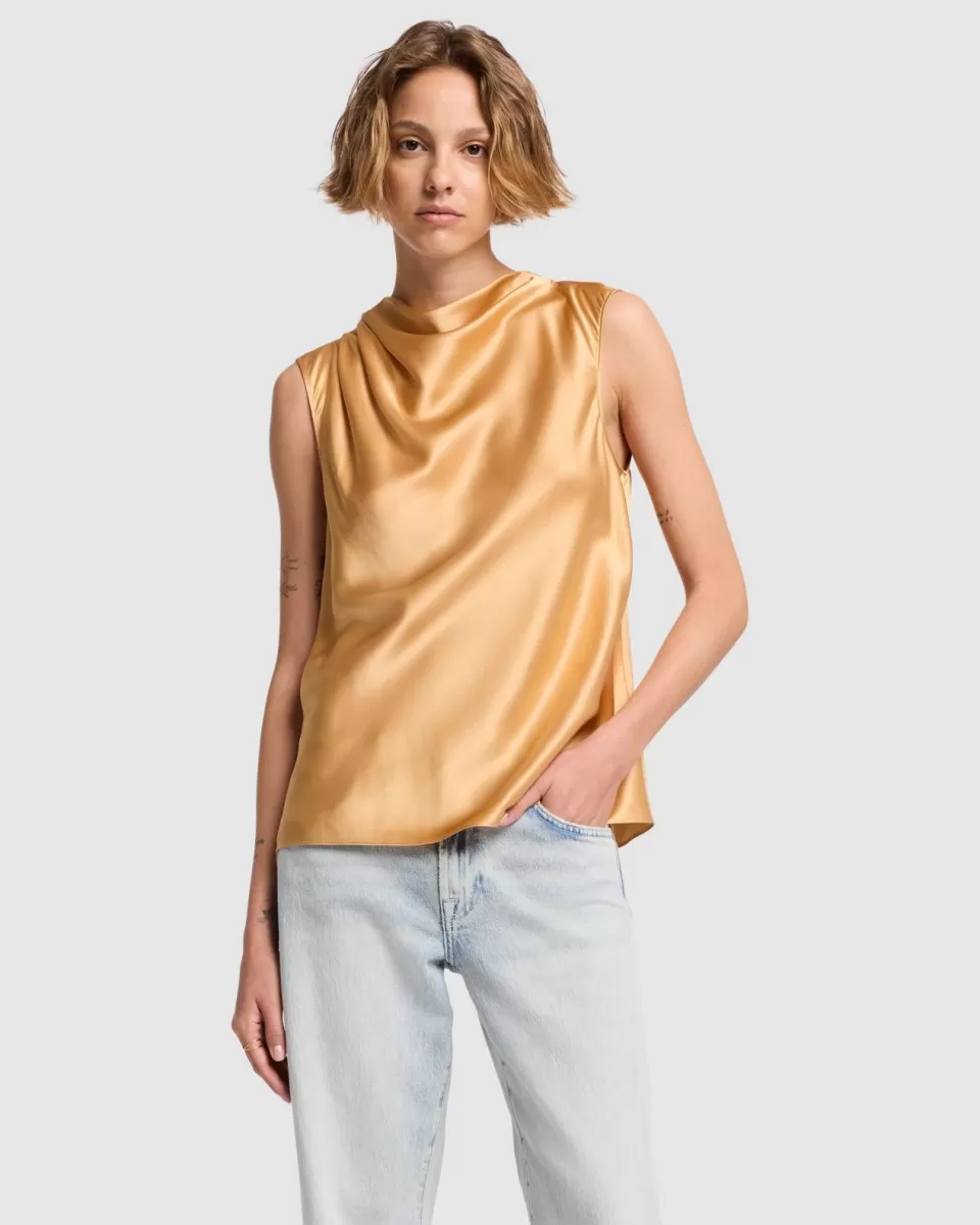 Women 7 For All Mankind Silk High Neck Draped Blouse in Porcini